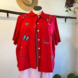 Vintage Red Linen Butterfly Embroidered Short Sleeve Button Front Top Size 18W